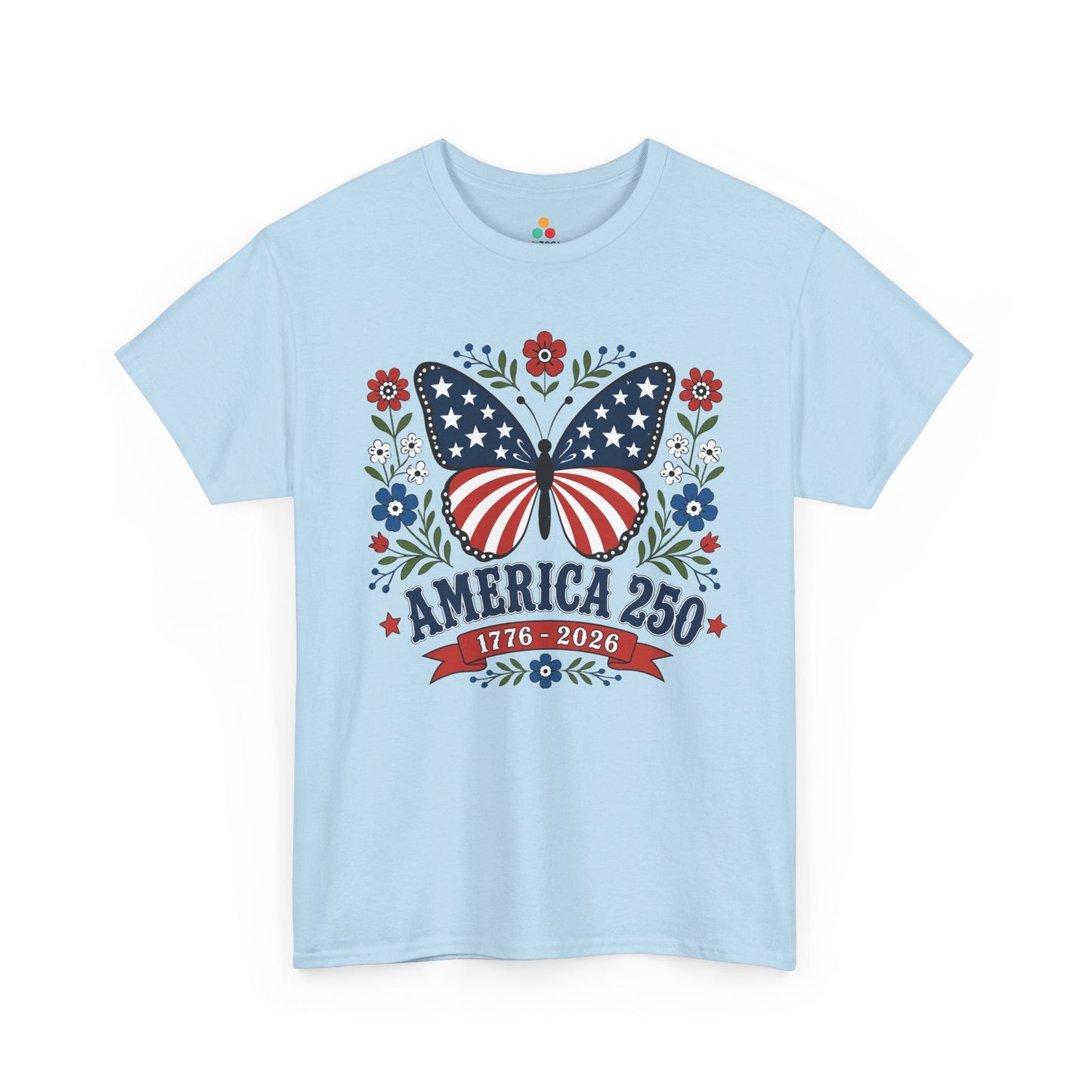 America 250 Shirt Patriotic Butterfly Floral Women T-shirt Gift | TEEZOCA america 250 shirt T-shirt with patriotic butterfly wings, red poppies, blue cornflowers, white daisies, and 1776 2026 banner.
