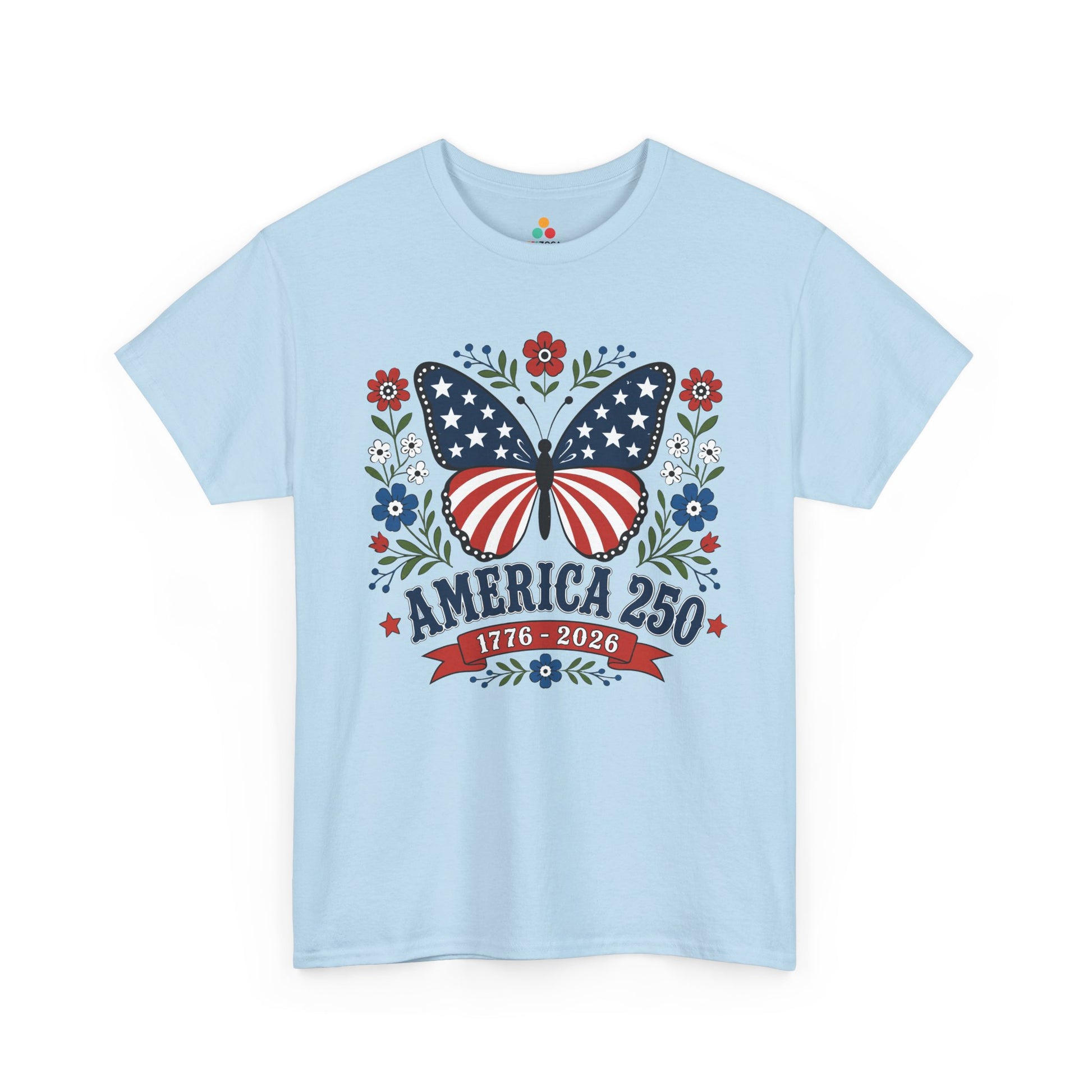 America 250 Shirt Patriotic Butterfly Floral Women T-shirt Gift | TEEZOCA america 250 shirt T-shirt with patriotic butterfly wings, red poppies, blue cornflowers, white daisies, and 1776 2026 banner.
