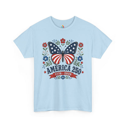 America 250 Shirt Patriotic Butterfly Floral Women T-shirt Gift | TEEZOCA america 250 shirt T-shirt with patriotic butterfly wings, red poppies, blue cornflowers, white daisies, and 1776 2026 banner.

