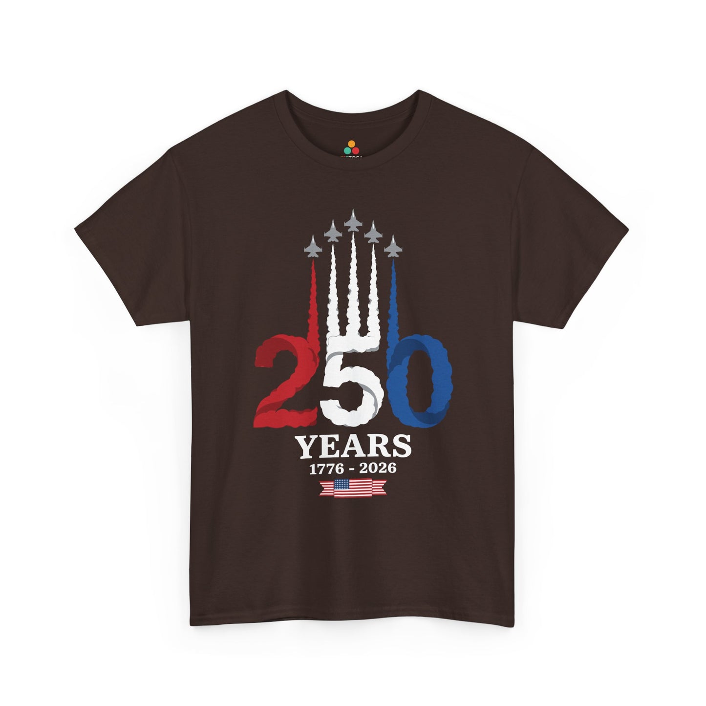 America 250 shirt T-shirt from TEEZOCA with fighter jet formation and red, white, and blue airshow smoke.
