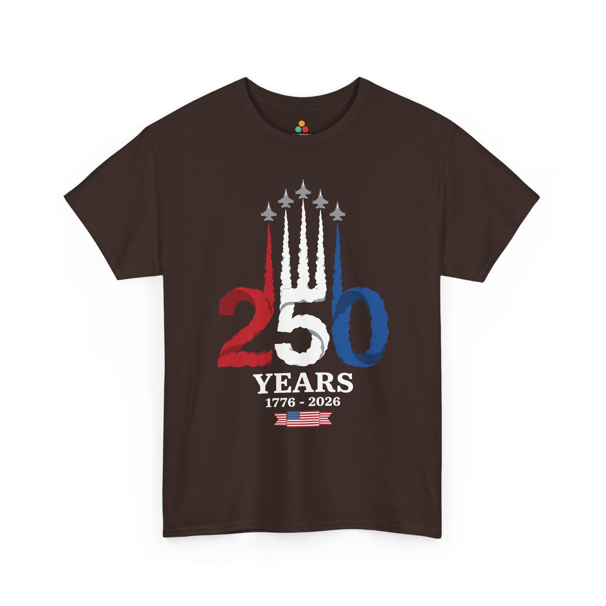 America 250 shirt T-shirt from TEEZOCA with fighter jet formation and red, white, and blue airshow smoke.
