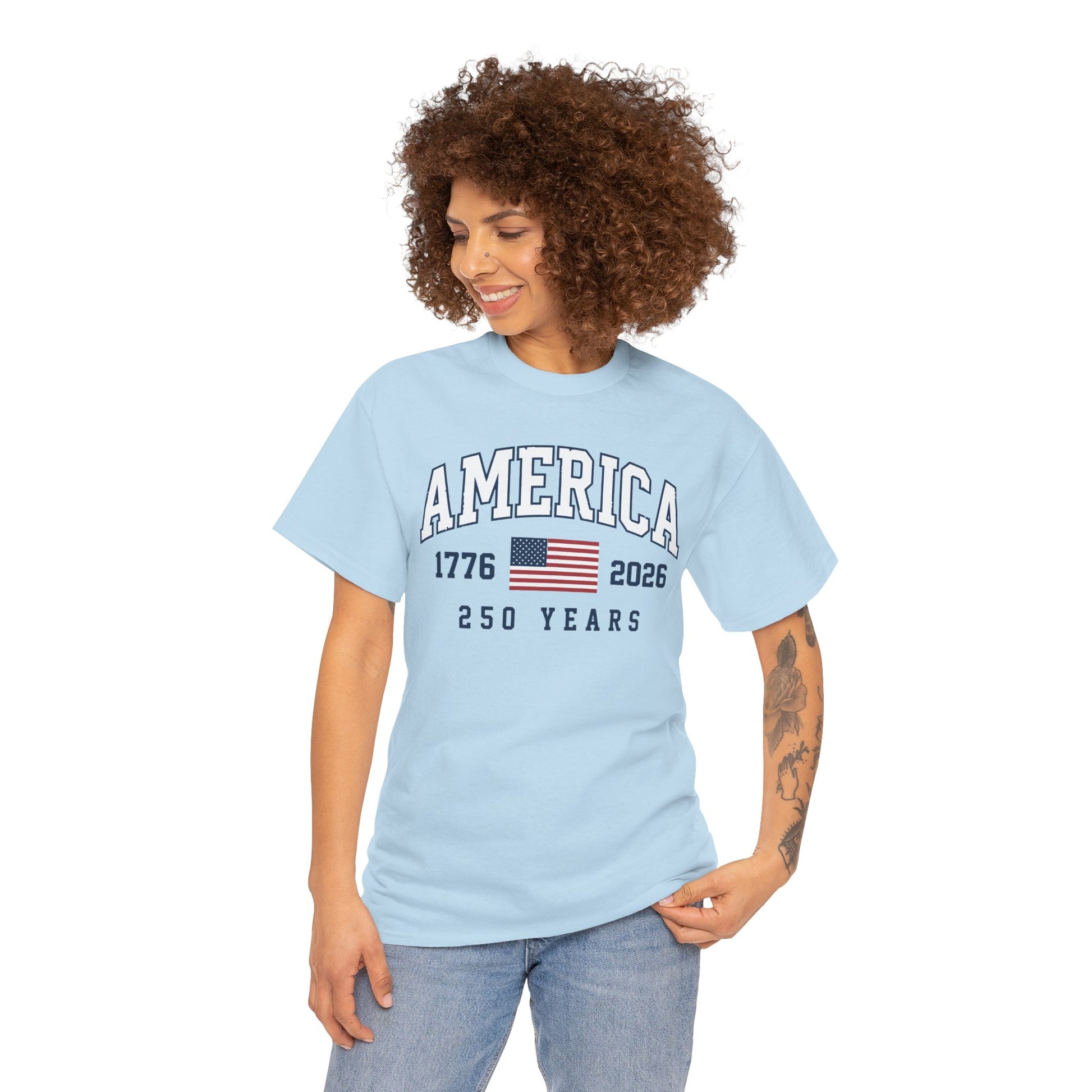 America 250 shirt by TEEZOCA with a patriotic 250 years design, American flag graphic, and bold 1776 2026 lettering.
