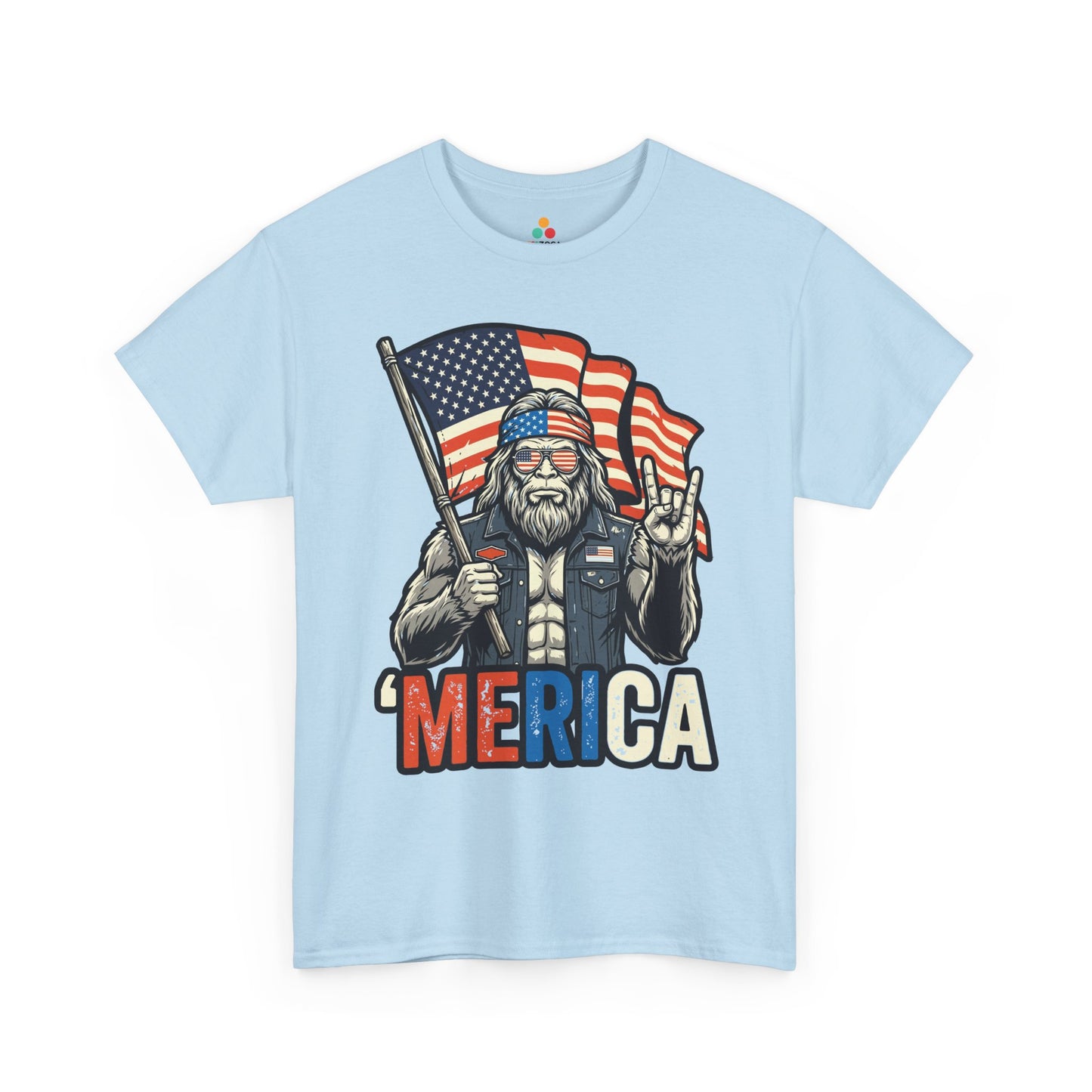 America Shirt Merica Bigfoot Patriotic 4th of July T-shirt Gift | America Shirt by TEEZOCA with a patriotic Sasquatch, biker-style vest, hand sign, and 4th of July graphic design.
