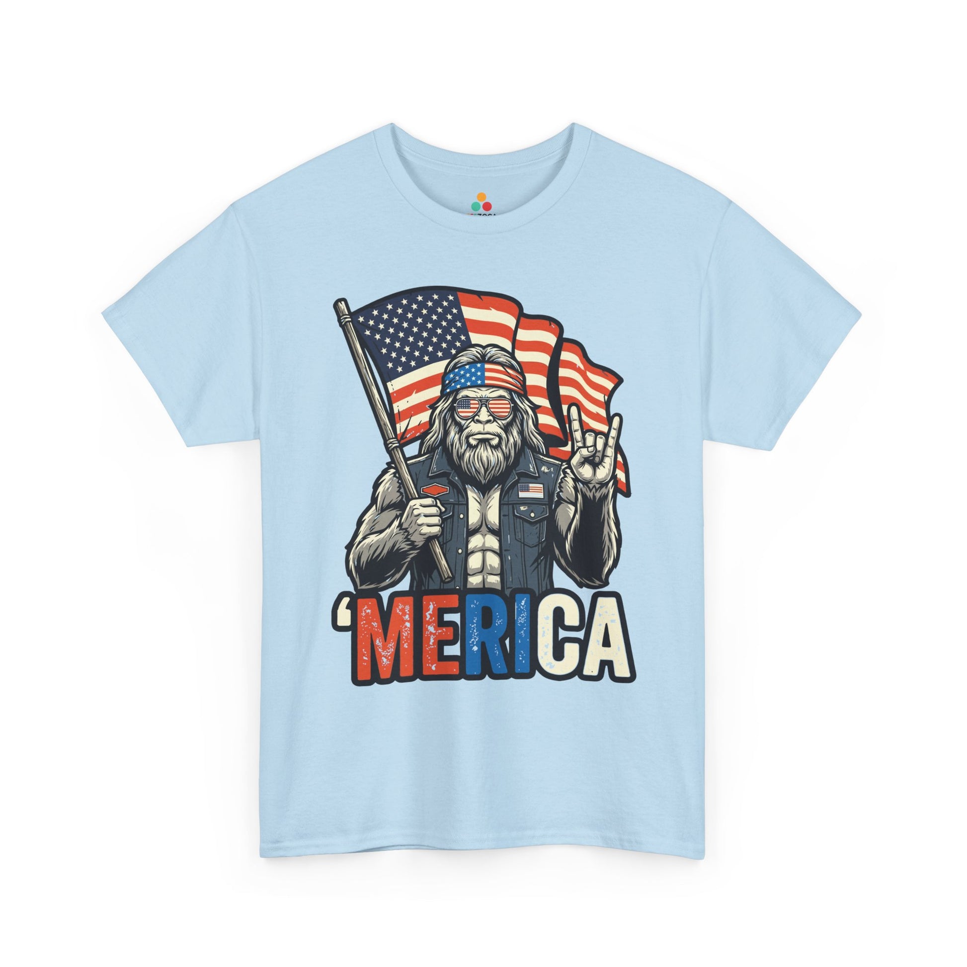 America Shirt Merica Bigfoot Patriotic 4th of July T-shirt Gift | America Shirt by TEEZOCA with a patriotic Sasquatch, biker-style vest, hand sign, and 4th of July graphic design.
