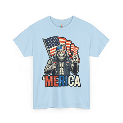 America Shirt Merica Bigfoot Patriotic 4th of July T-shirt Gift | America Shirt by TEEZOCA with a patriotic Sasquatch, biker-style vest, hand sign, and 4th of July graphic design.
