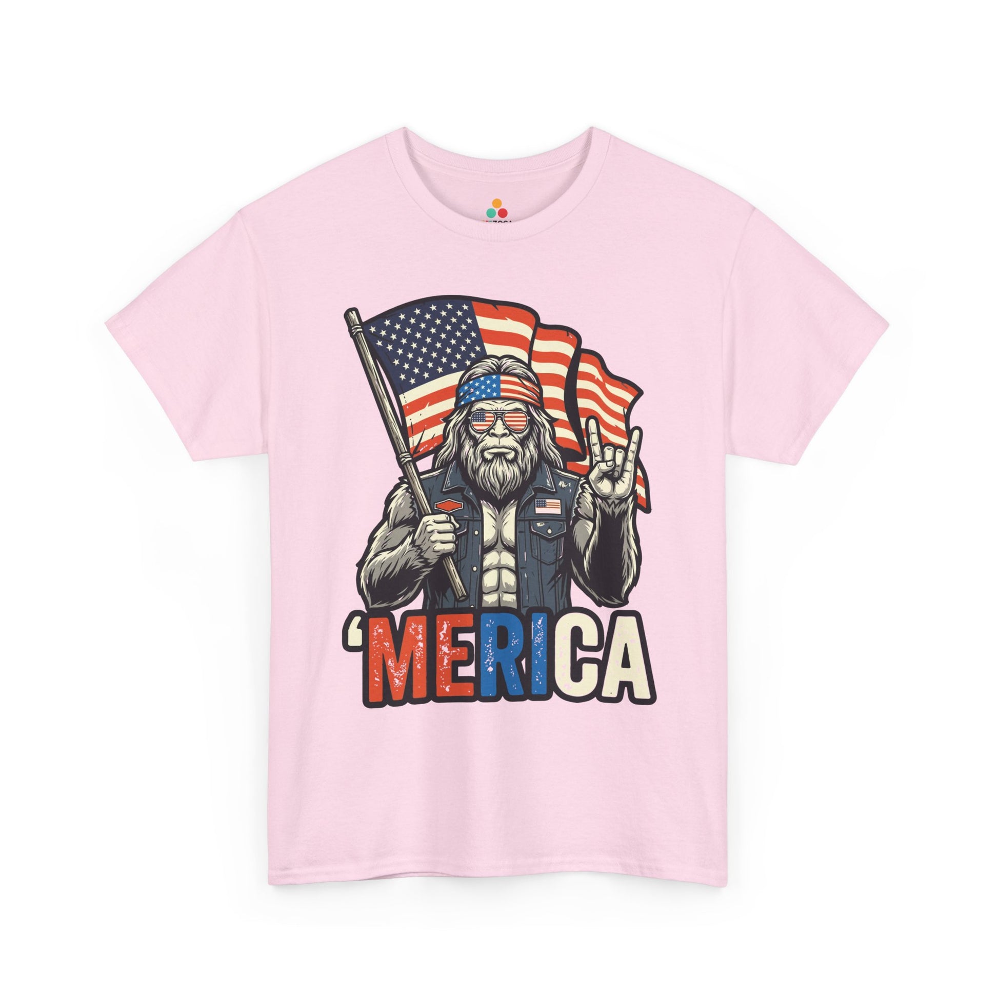 America Shirt Merica Bigfoot Patriotic 4th of July T-shirt Gift | TEEZOCA 4th of July T-shirt showing Bigfoot holding an American flag with Merica lettering and rugged patriotic style.
