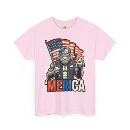 America Shirt Merica Bigfoot Patriotic 4th of July T-shirt Gift | TEEZOCA 4th of July T-shirt showing Bigfoot holding an American flag with Merica lettering and rugged patriotic style.
