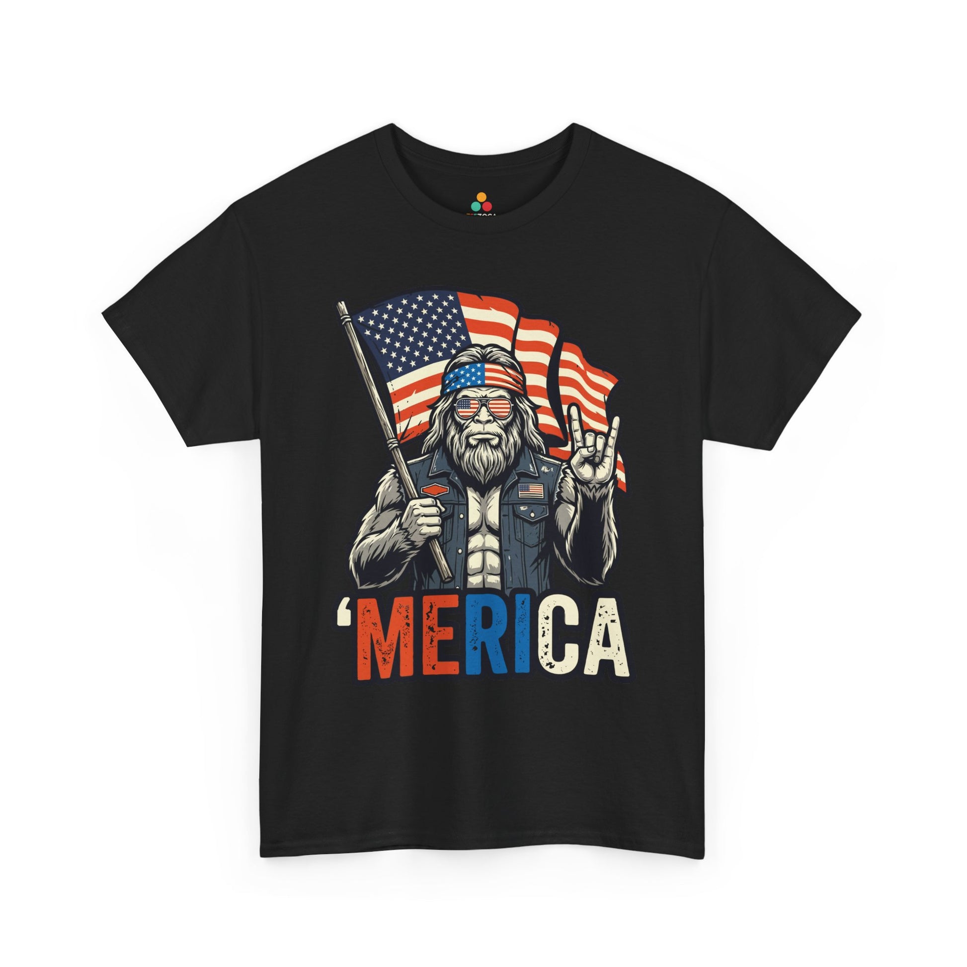 America Shirt Merica Bigfoot Patriotic 4th of July T-shirt Gift | TEEZOCA America Shirt T-shirt featuring Bigfoot in flag sunglasses with bold Merica text and American flag art.
