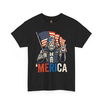 America Shirt Merica Bigfoot Patriotic 4th of July T-shirt Gift | TEEZOCA America Shirt T-shirt featuring Bigfoot in flag sunglasses with bold Merica text and American flag art.
