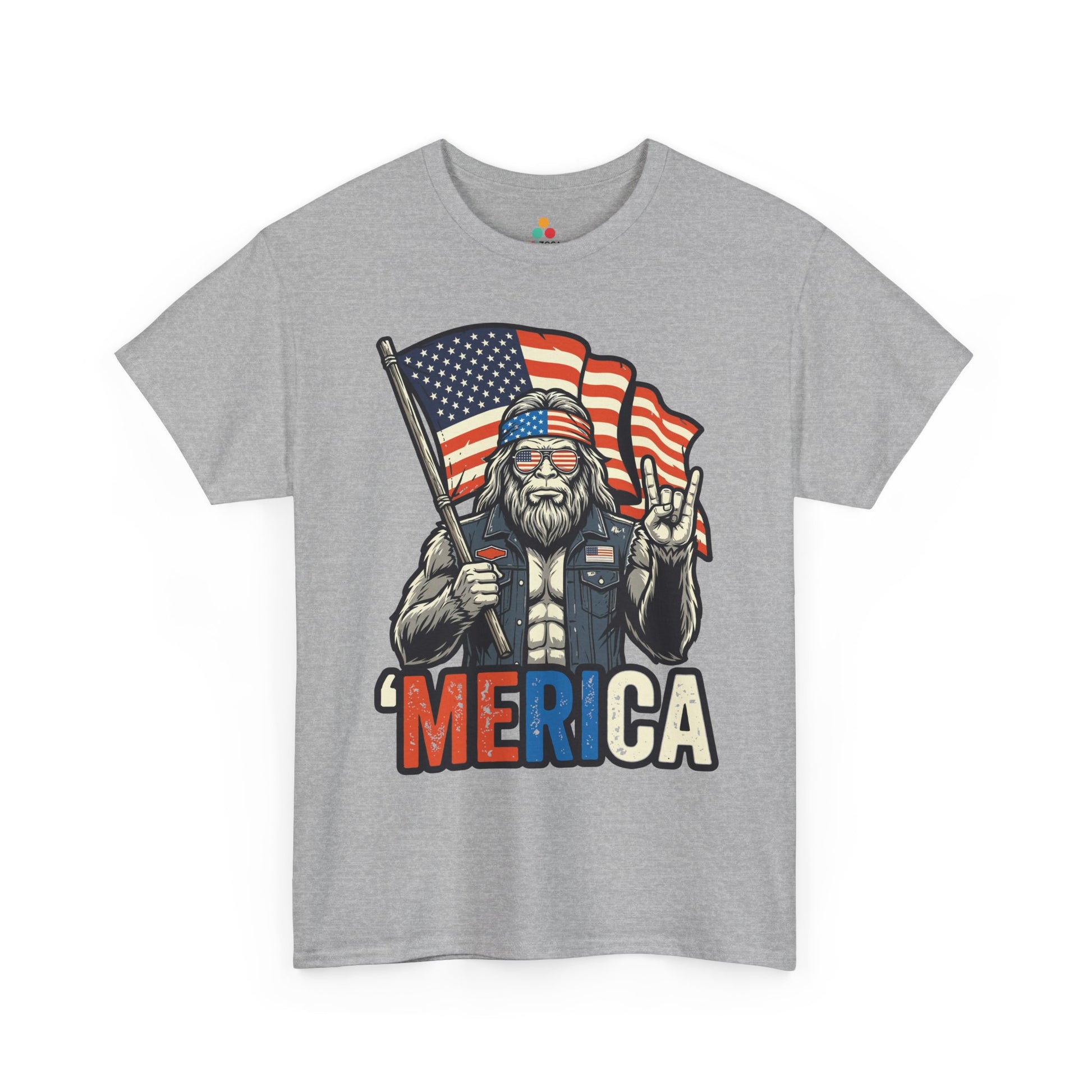 America Shirt by TEEZOCA with a patriotic Sasquatch, biker-style vest, hand sign, and 4th of July graphic design.

