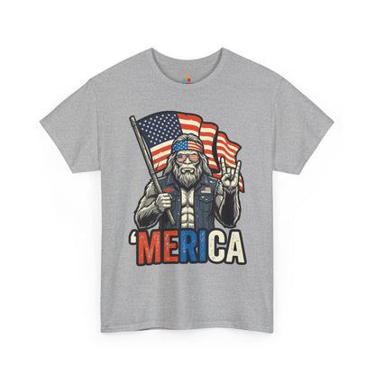 America Shirt by TEEZOCA with a patriotic Sasquatch, biker-style vest, hand sign, and 4th of July graphic design.
