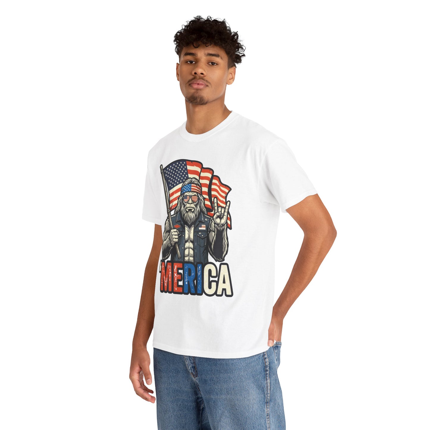 America Shirt with Merica Bigfoot flag art for 4th of July, BBQs, fireworks, biker-style dads, patriotic men, campers, and TEEZOCA gift buyers today.
