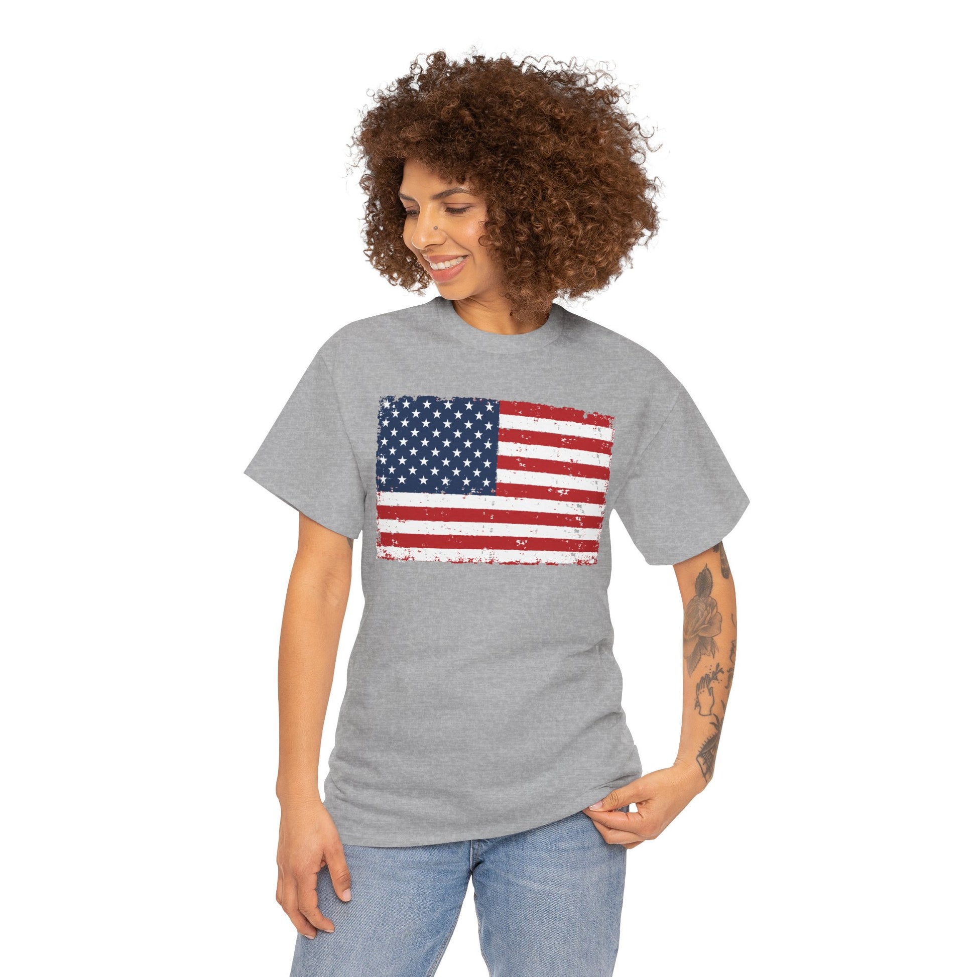 American Flag T Shirt, 4th of July Patriotic USA Flag T-shirt | American flag T shirt by TEEZOCA with a vintage distressed USA flag graphic for patriotic celebrations.
