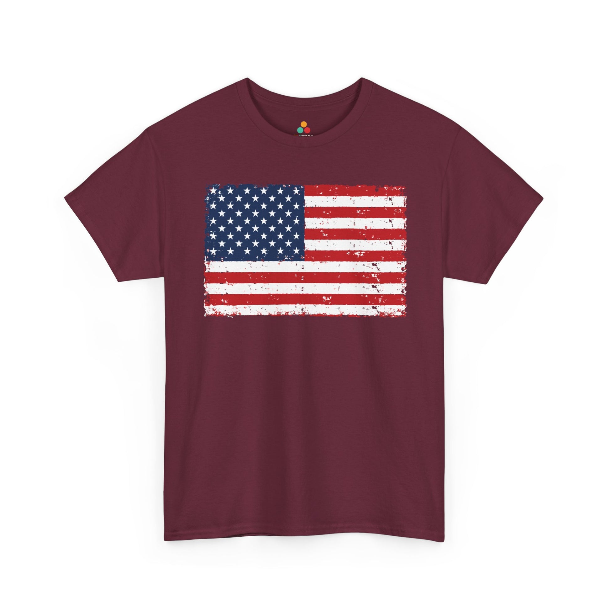 American Flag T Shirt, 4th of July Patriotic USA Flag T-shirt | Patriotic t shirt by TEEZOCA showing a retro American flag shirt graphic with worn stars and stripes.
