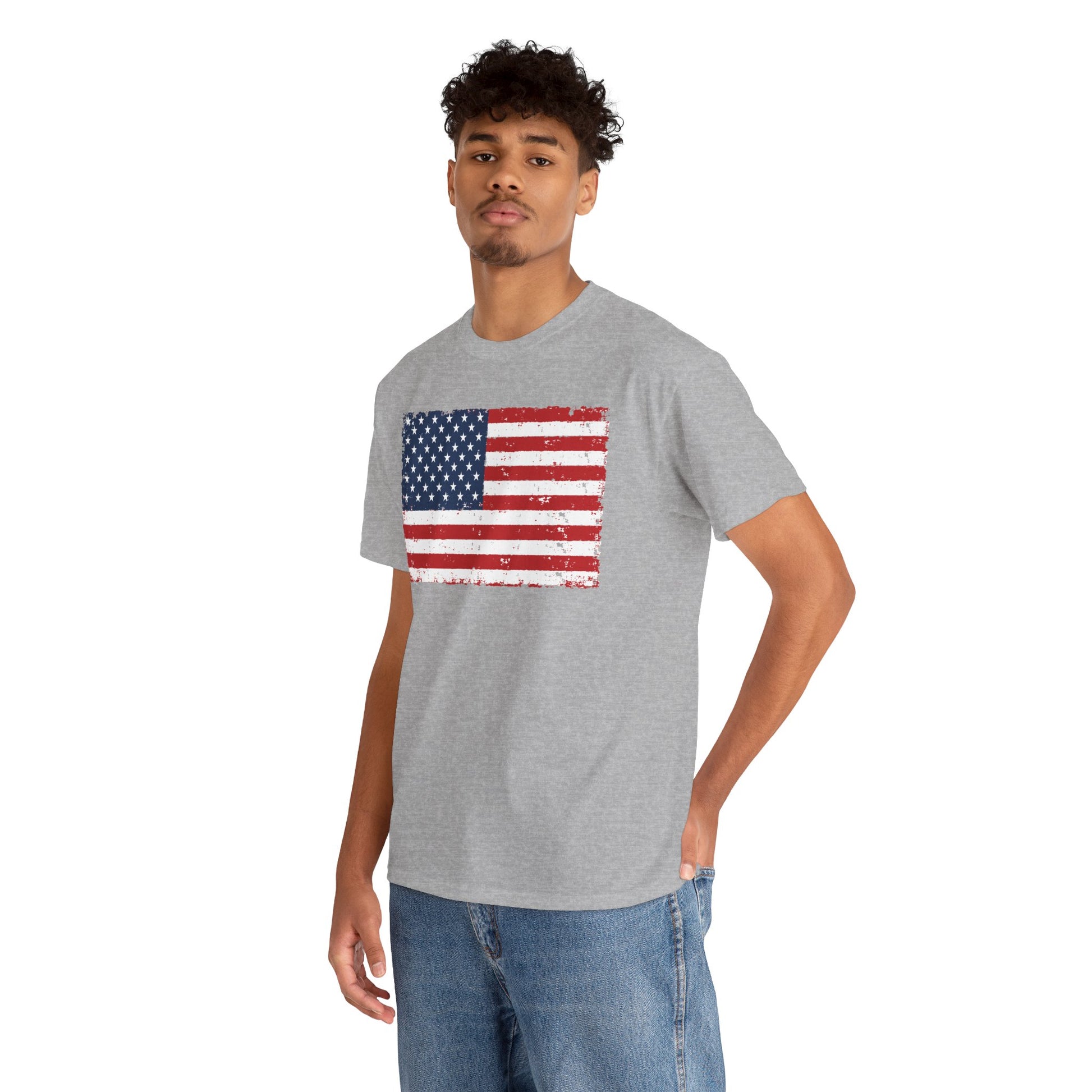 American Flag T Shirt, 4th of July Patriotic USA Flag T-shirt | TEEZOCA T-shirt with an American flag T shirt design featuring distressed red, white, and blue stars and stripes.
