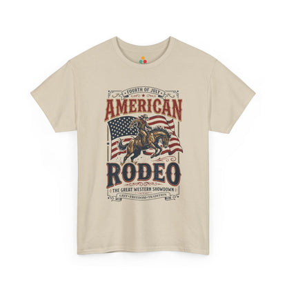 American Rodeo Beige T-Shirt – 4th of July Western Graphic Tee | TEEZOCA 