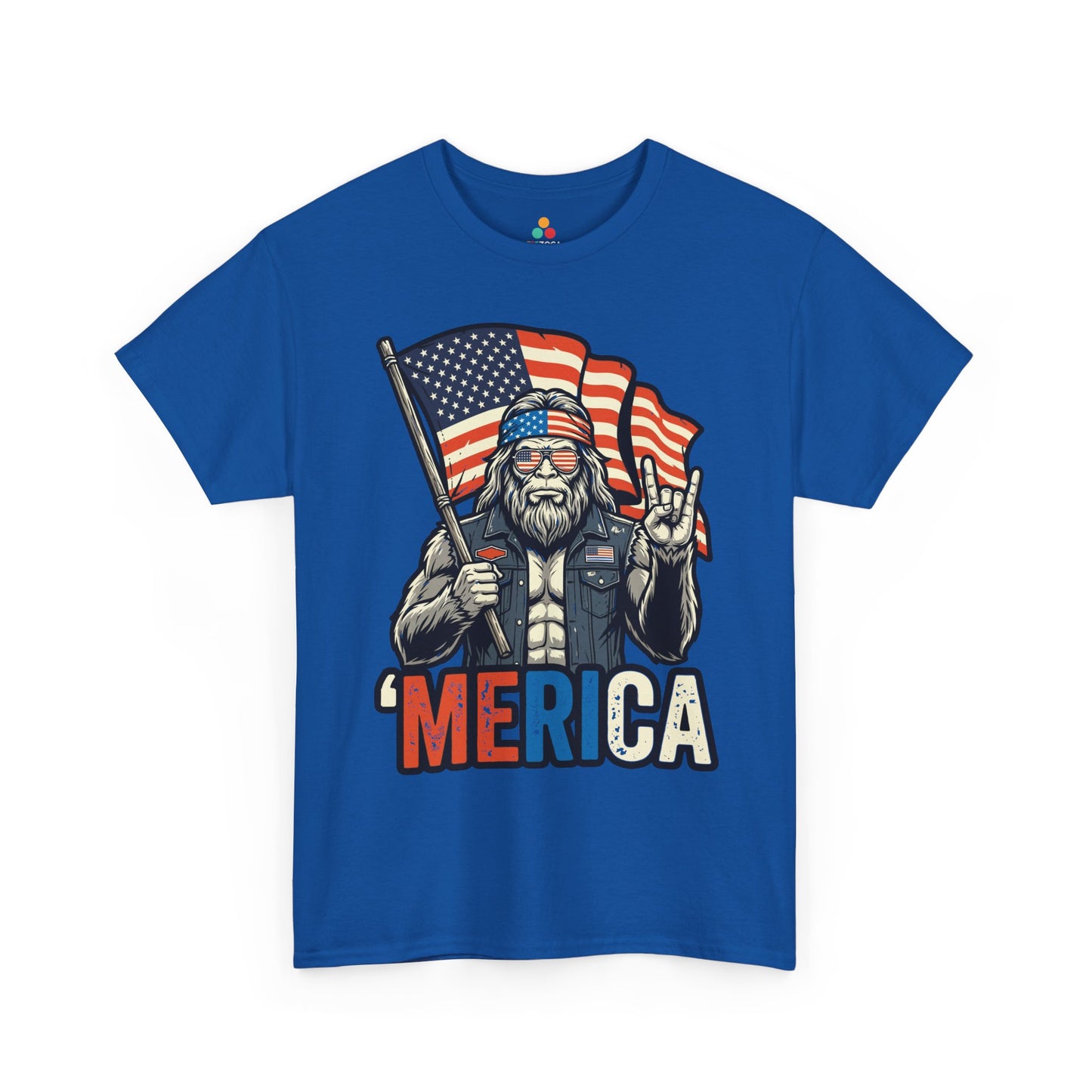 American flag Bigfoot T-shirt by TEEZOCA made for 4th of July shirts for men, BBQs, fireworks, and camping weekends.
