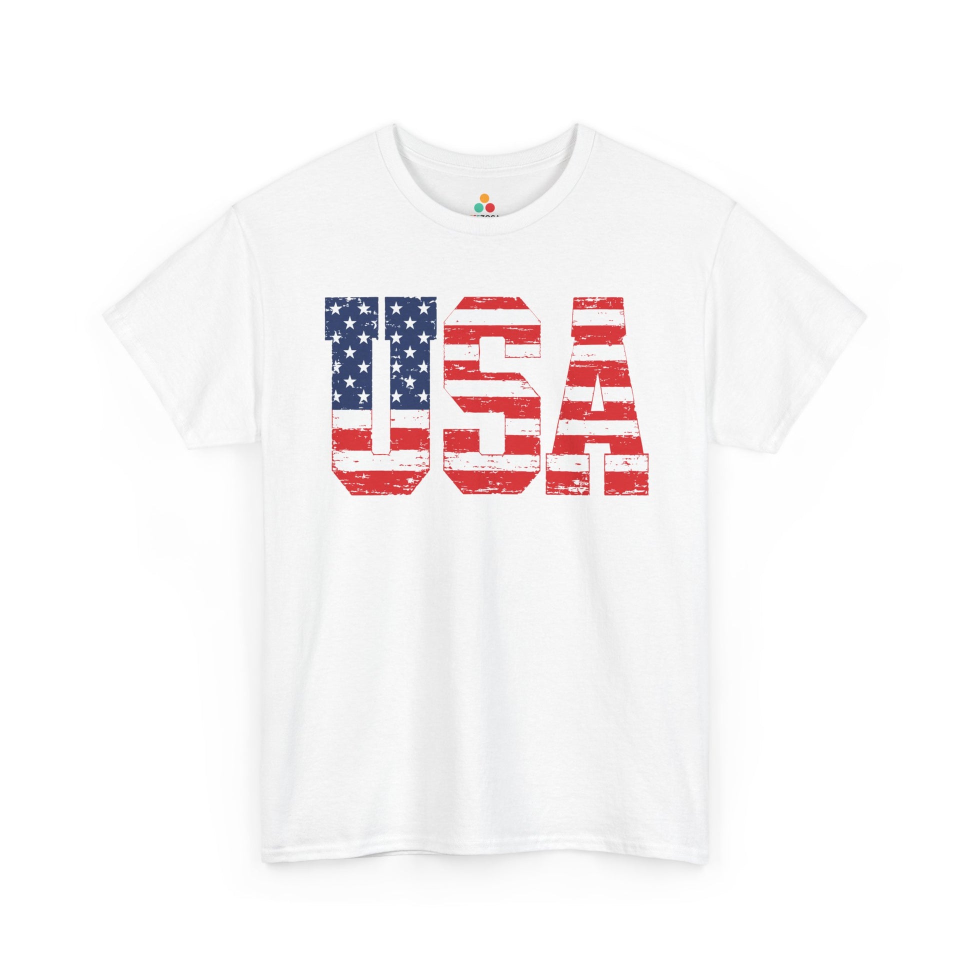 American flag T-shirt from TEEZOCA with USA block letter artwork and a clean patriotic clothing style.
