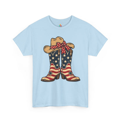 American flag cowboy boots shirt design by TEEZOCA on a T-shirt with a hat, bow, stars, and rustic rodeo-inspired details.
