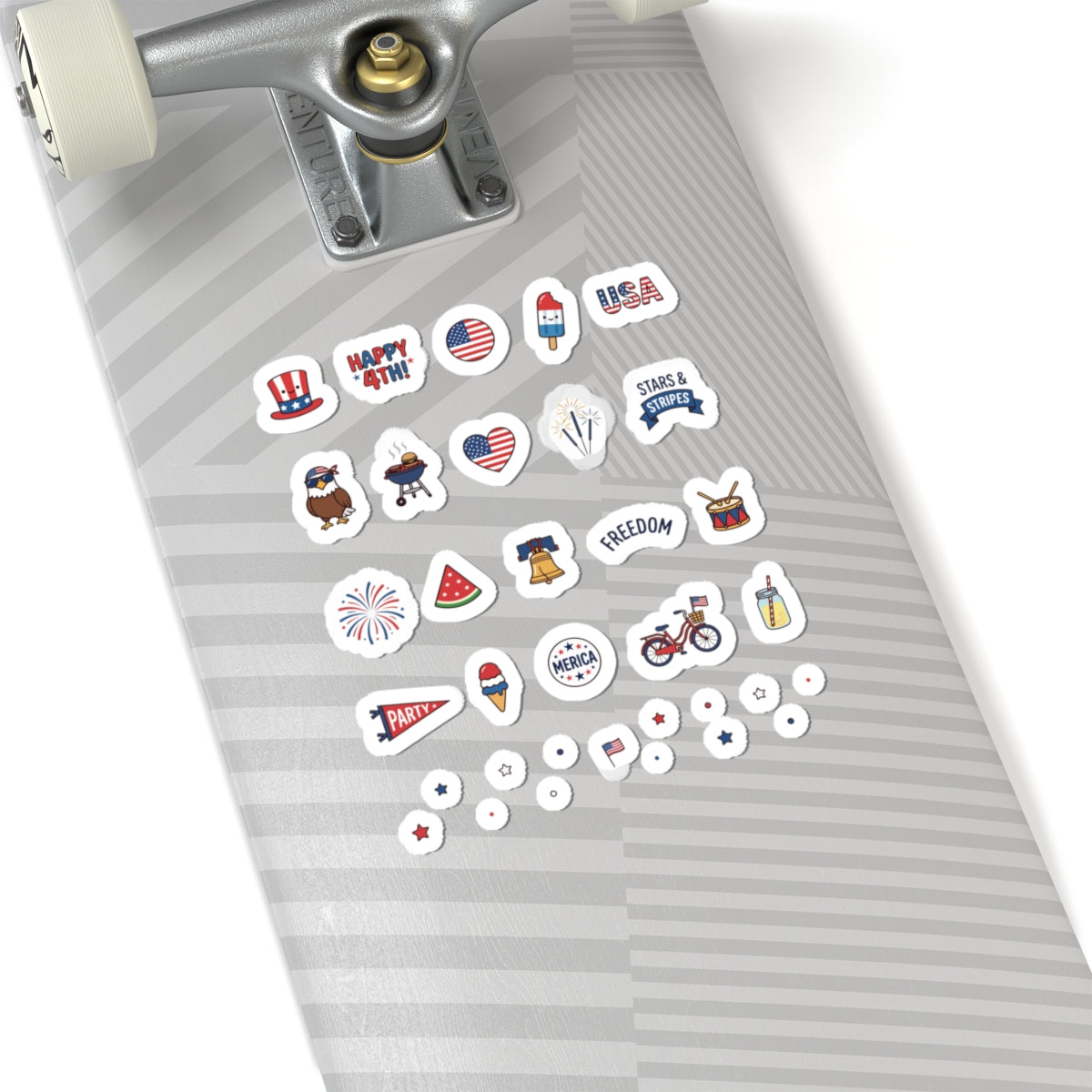 An array of TEEZOCA vinyl cartoon patriotic mini stickers decorating the face of a light grey striped skateboard.