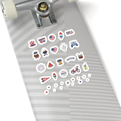 An array of TEEZOCA vinyl cartoon patriotic mini stickers decorating the face of a light grey striped skateboard.