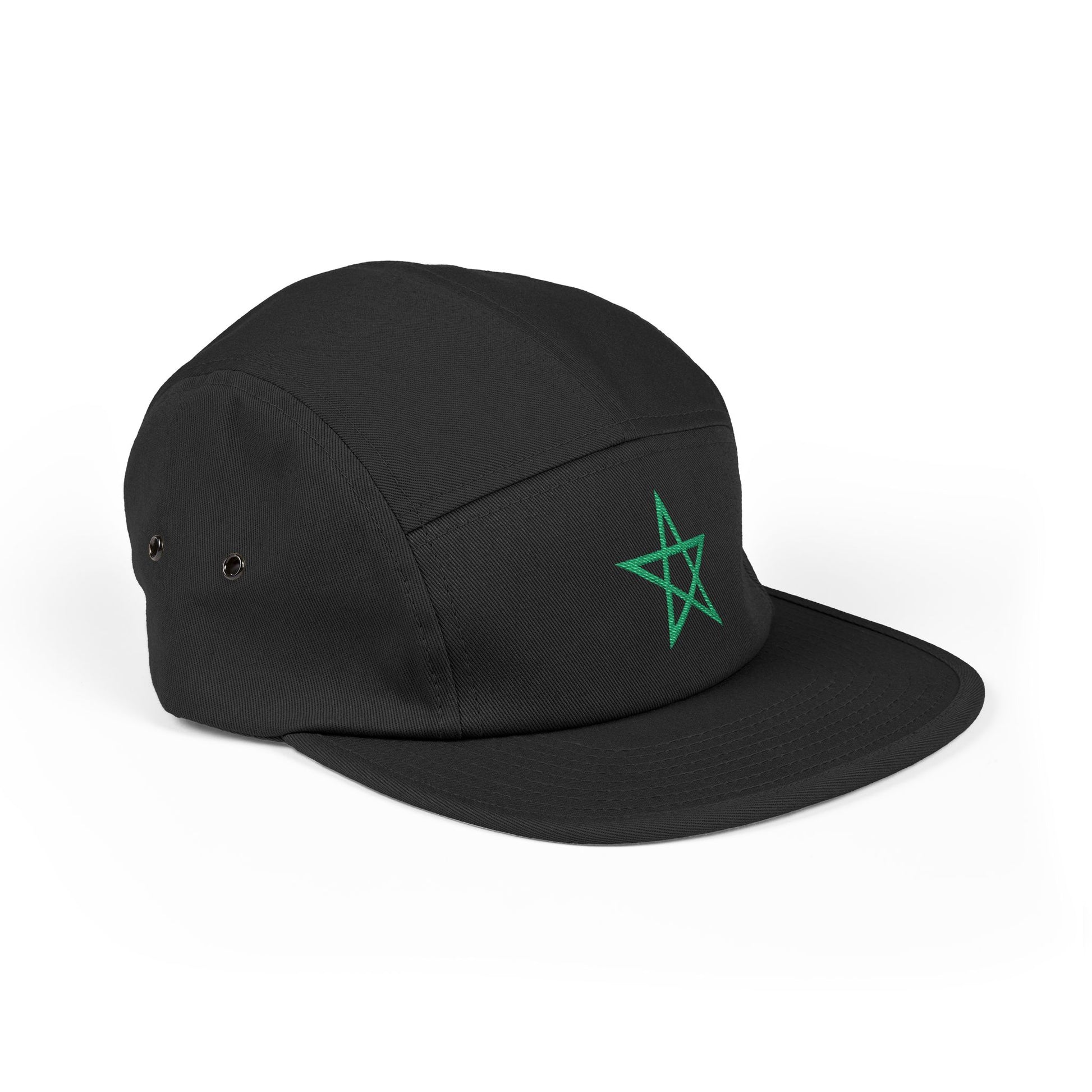 Angled perspective of the TEEZOCA black 5-panel cap highlighting the low-profile brim and embroidered national design.