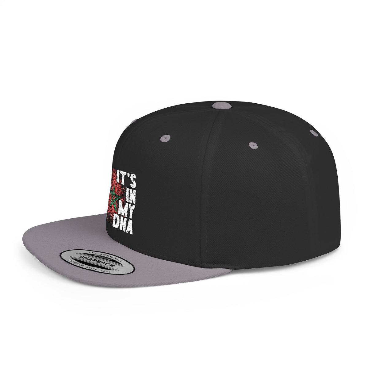 Angled perspective of the TEEZOCA black and grey snapback cap highlighting the flat brim and patriotic Moroccan design.