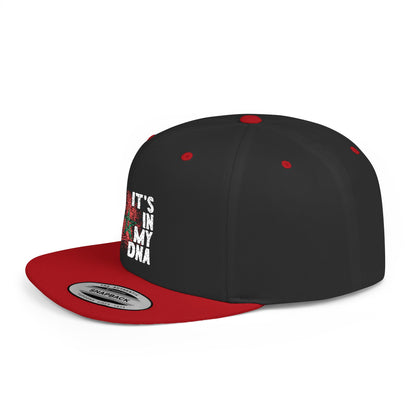 Angled perspective of the TEEZOCA black and red snapback cap highlighting the flat brim and patriotic Moroccan design.