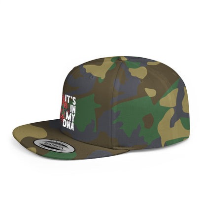 Angled perspective of the TEEZOCA camouflage snapback cap highlighting the flat brim and patriotic Moroccan design.
