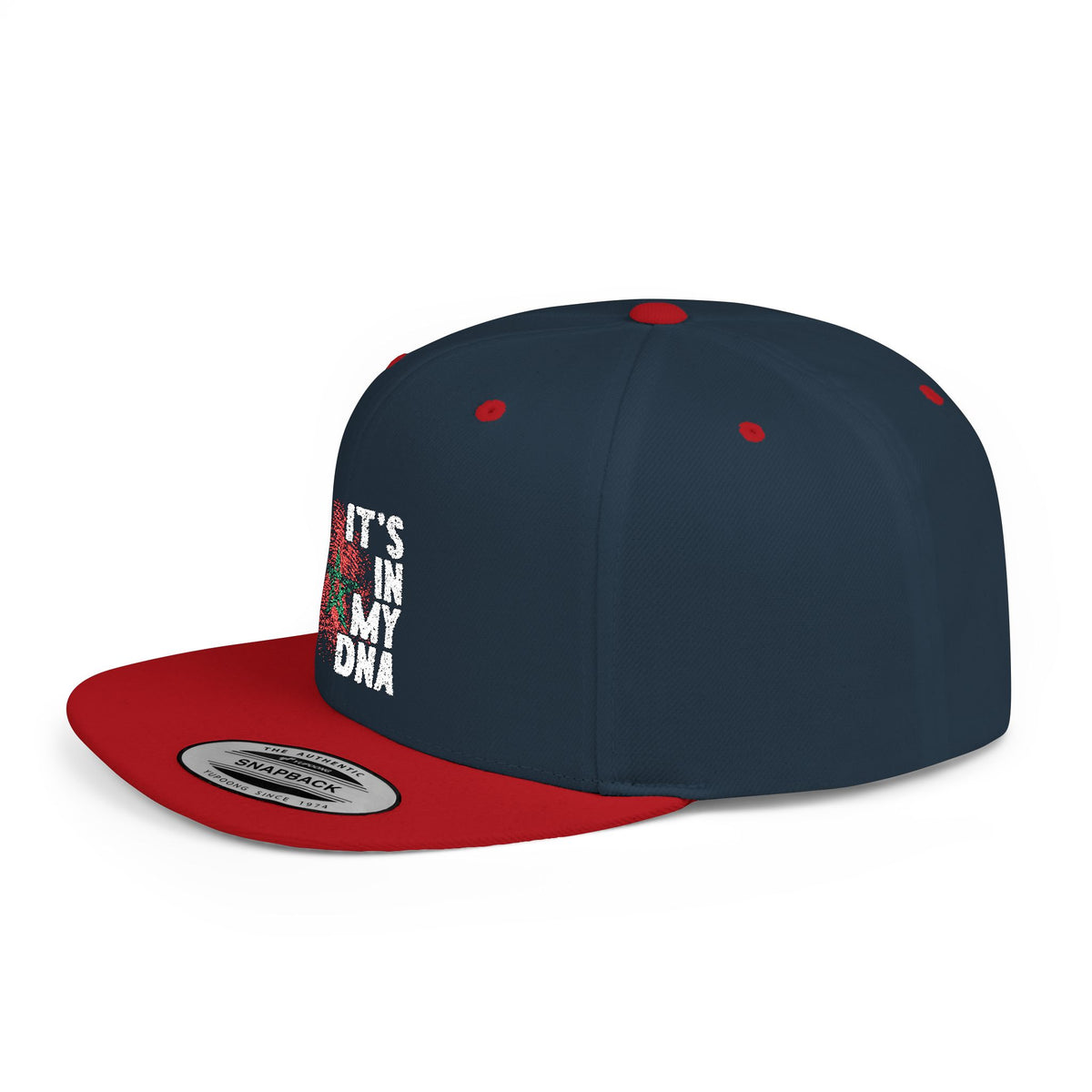 Angled perspective of the TEEZOCA navy blue and red snapback cap highlighting the flat brim and patriotic Moroccan design.