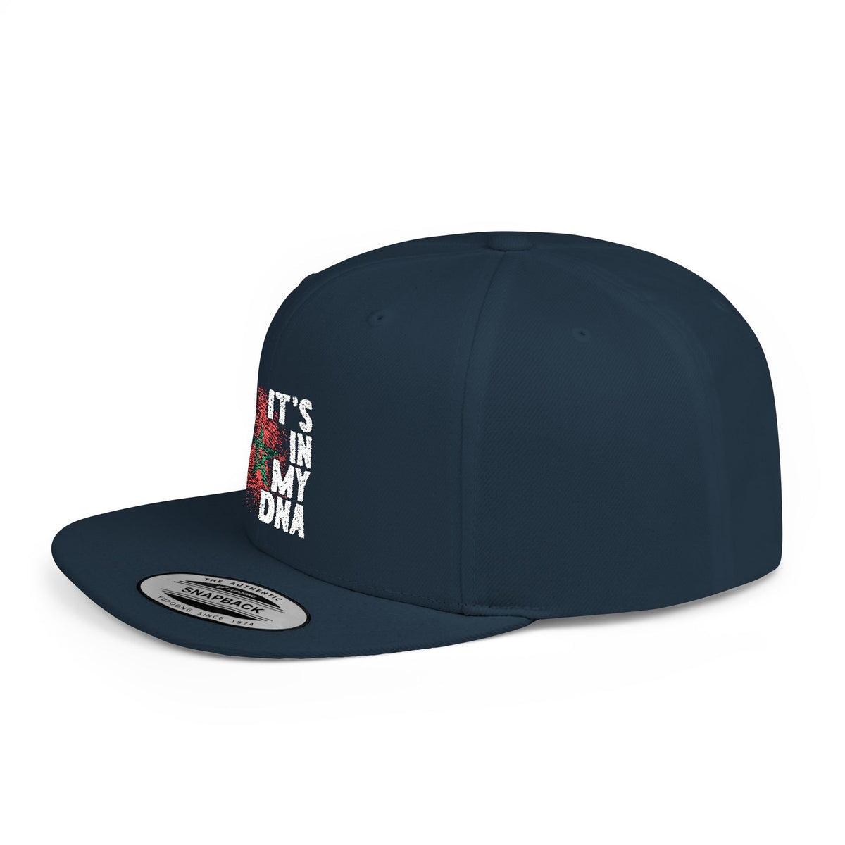 Angled perspective of the TEEZOCA navy blue snapback cap highlighting the flat brim and patriotic Moroccan design.