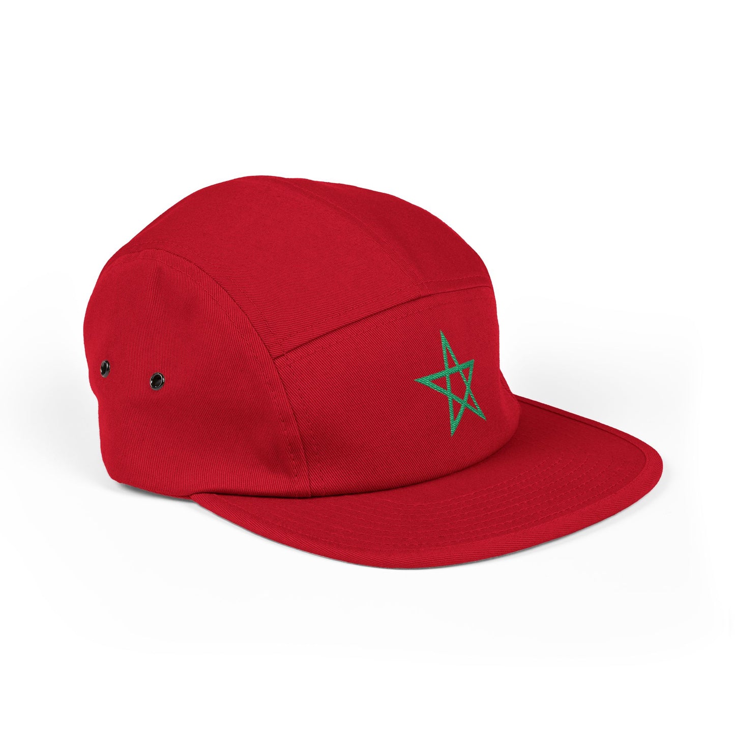 Angled perspective of the TEEZOCA red 5-panel cap highlighting the patriotic Moroccan heritage design.
