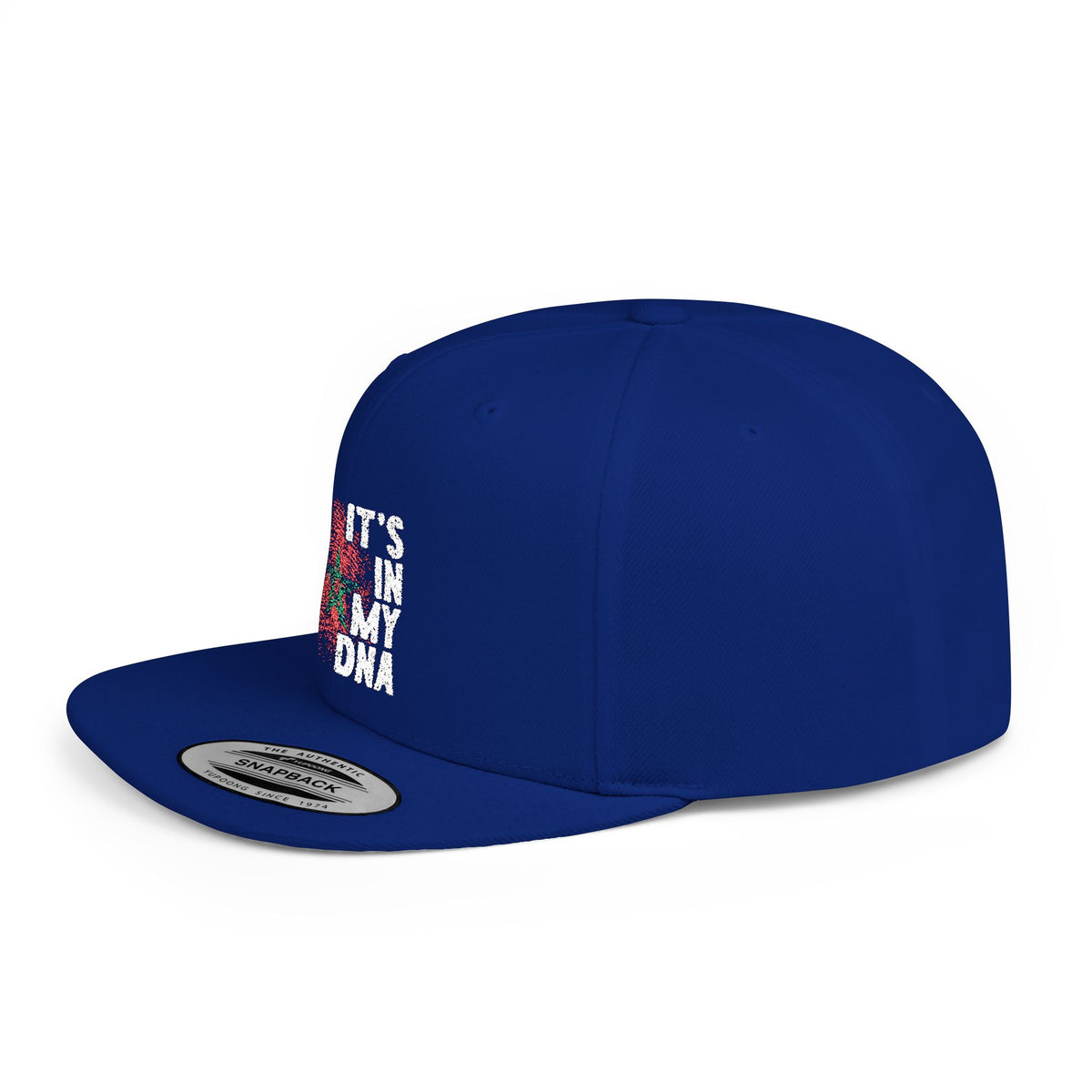 Angled perspective of the TEEZOCA royal blue snapback cap highlighting the flat brim and patriotic Moroccan design.