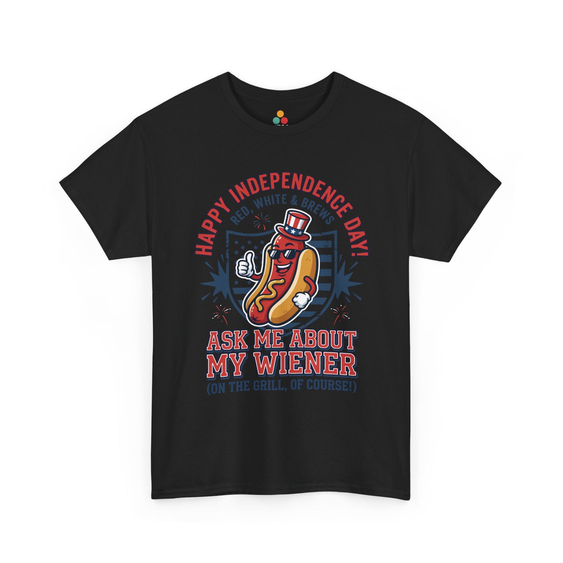 Ask Me About My Wiener Funny solid black T-Shirt – Retro Patriotic BBQ Gift for Men and Women | TEEZOCA 