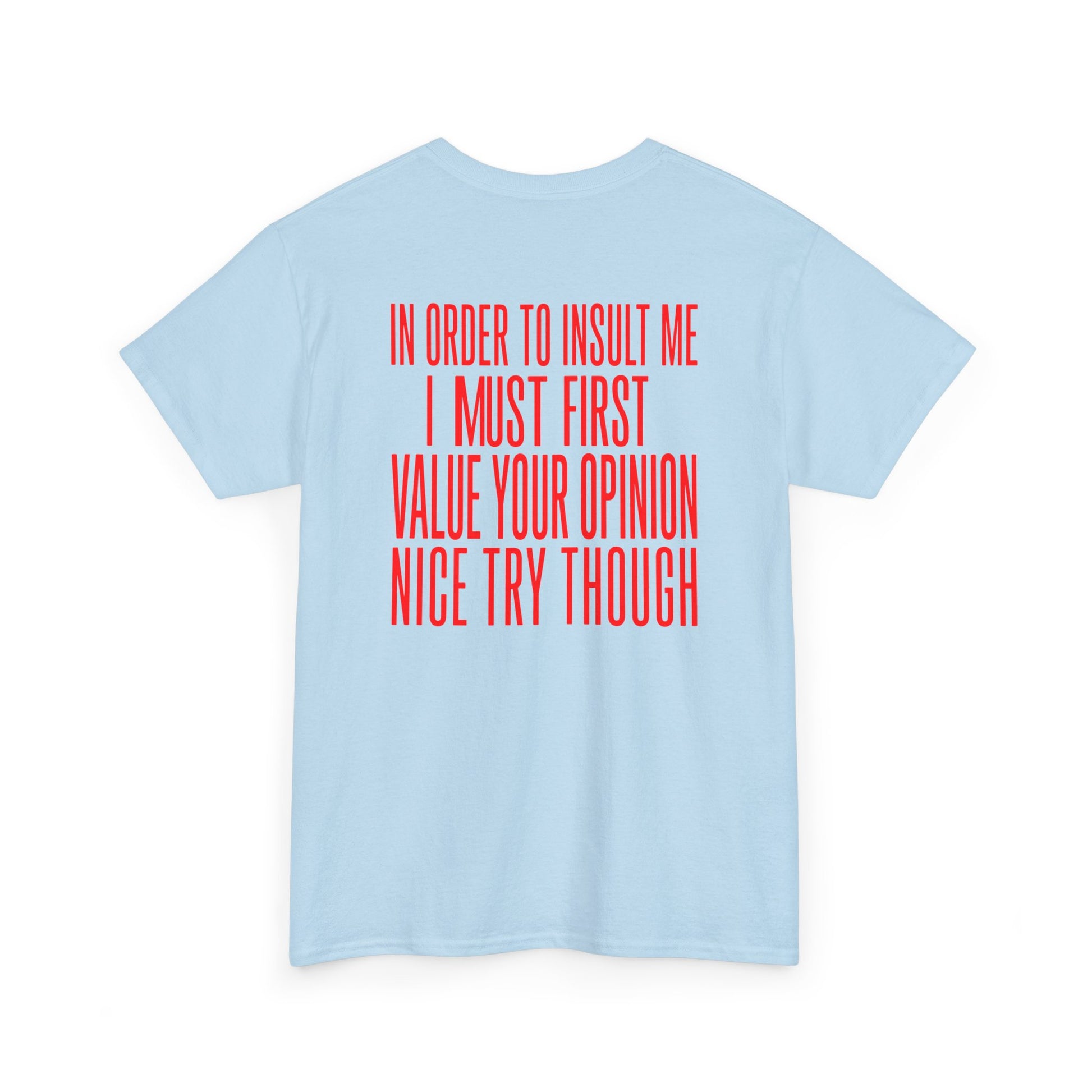 Back Print Light Blue T-shirt with bold red back print text reading "In Order To Insult Me I Must First Value Your Opinion Nice Try Though.