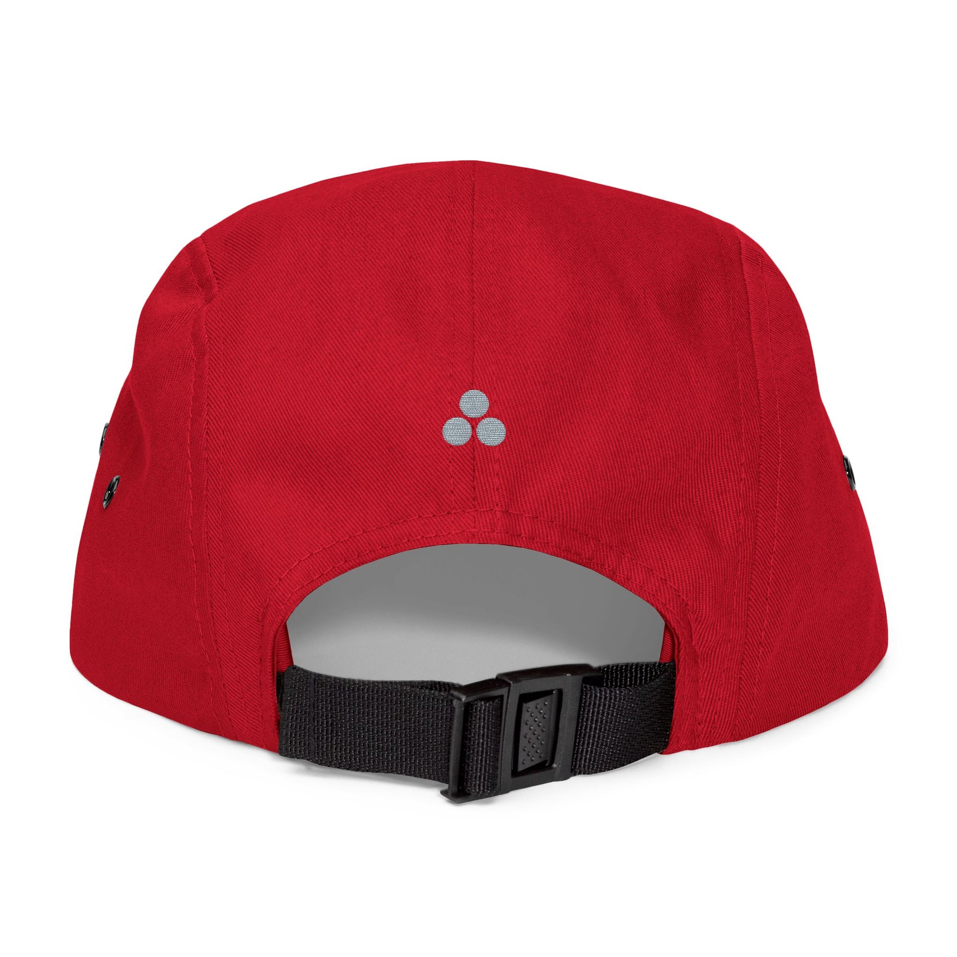 Back view of TEEZOCA red patriotic 5-panel cap showing adjustable strap and clean finish.