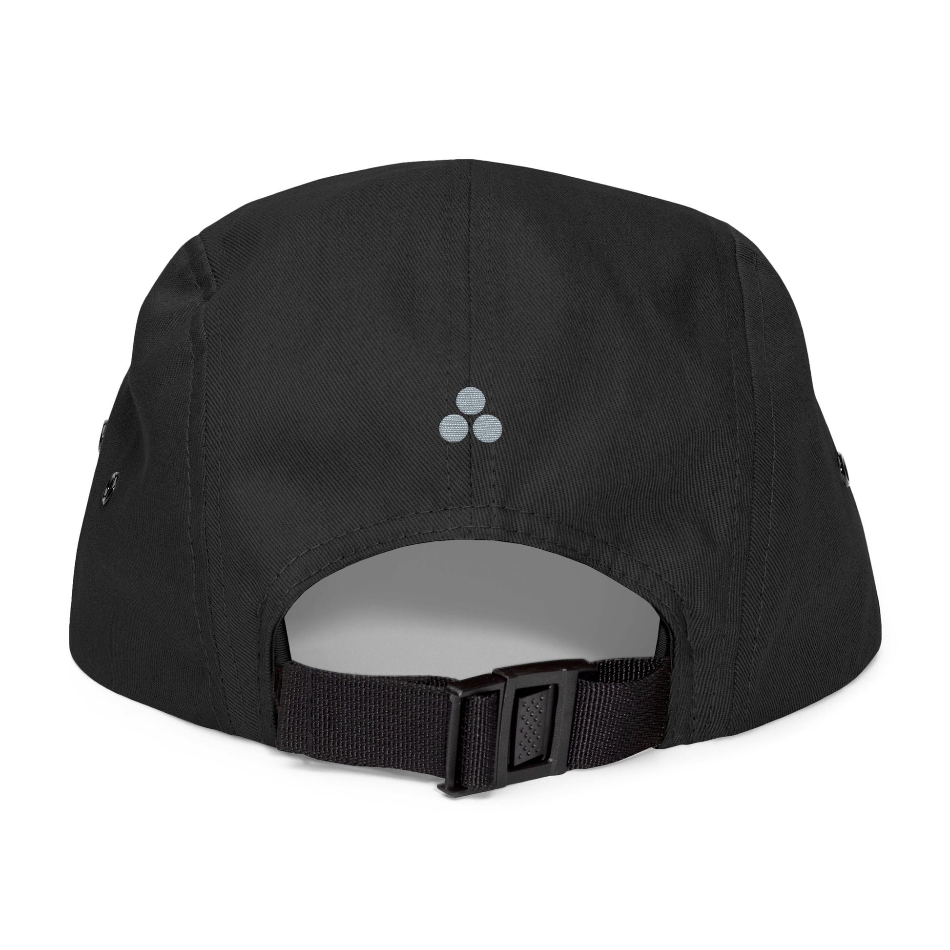 Back view of the TEEZOCA black adjustable 5-panel hat showing the black webbing strap and plastic clip closure.