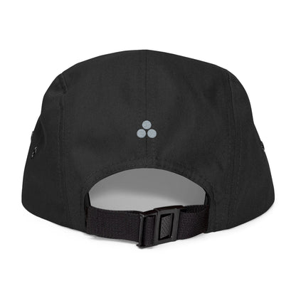 Back view of the TEEZOCA black adjustable 5-panel hat showing the black webbing strap and plastic clip closure.
