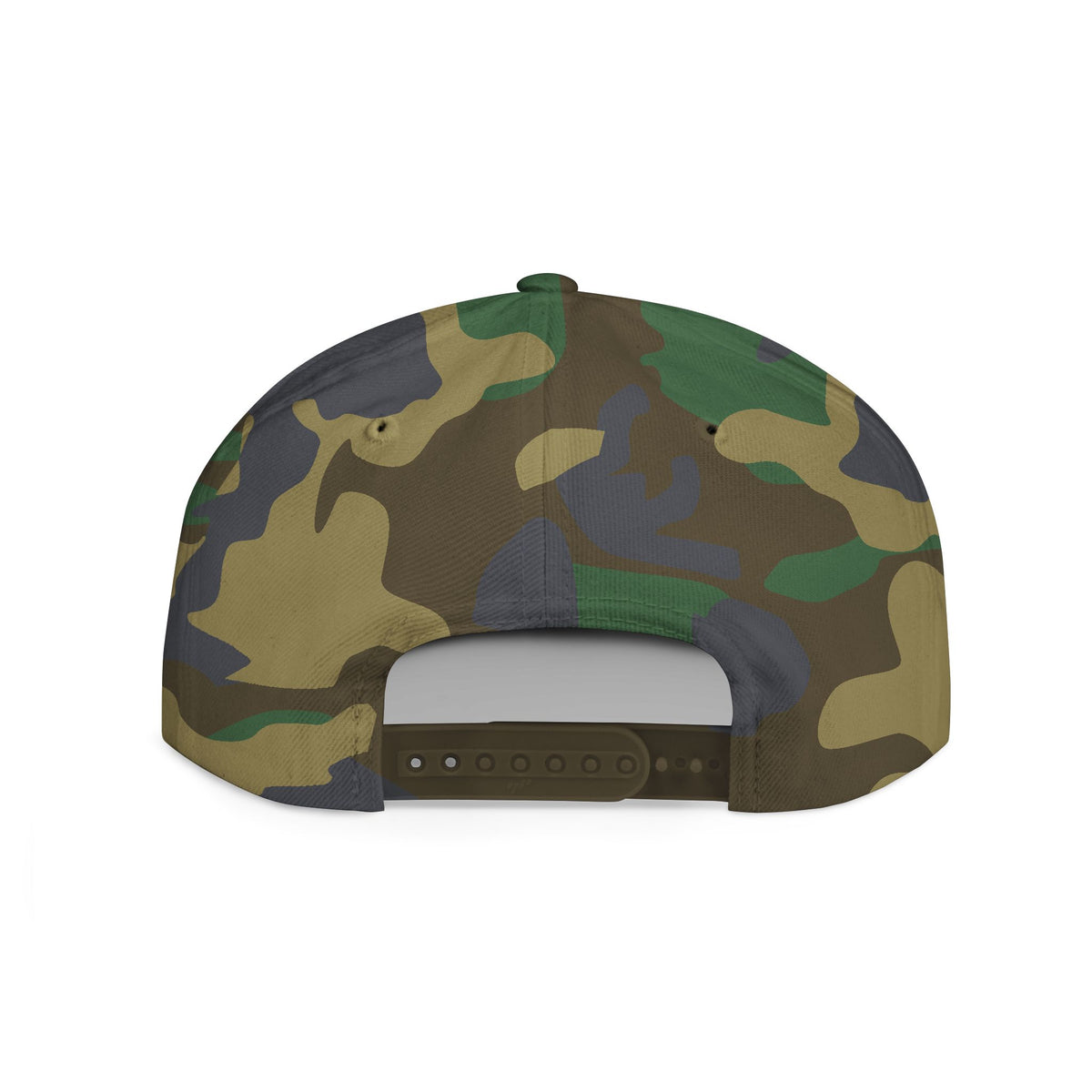 Back view of the TEEZOCA camouflage adjustable snapback hat showing the plastic snap closure.