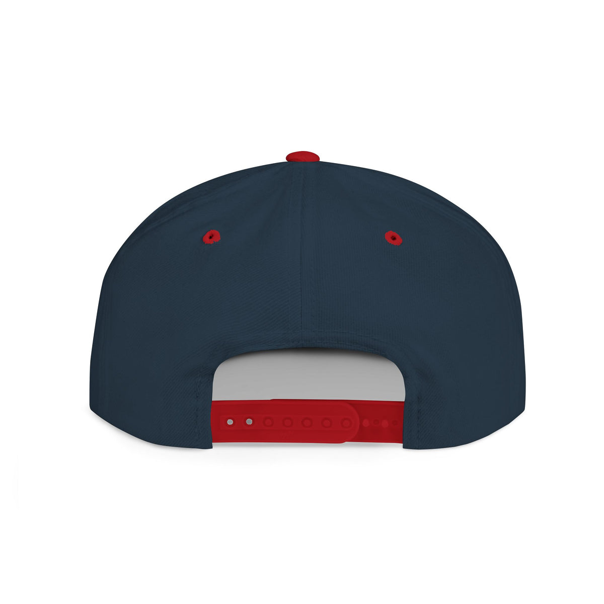 Back view of the TEEZOCA navy blue and red adjustable snapback hat showing the plastic snap closure.