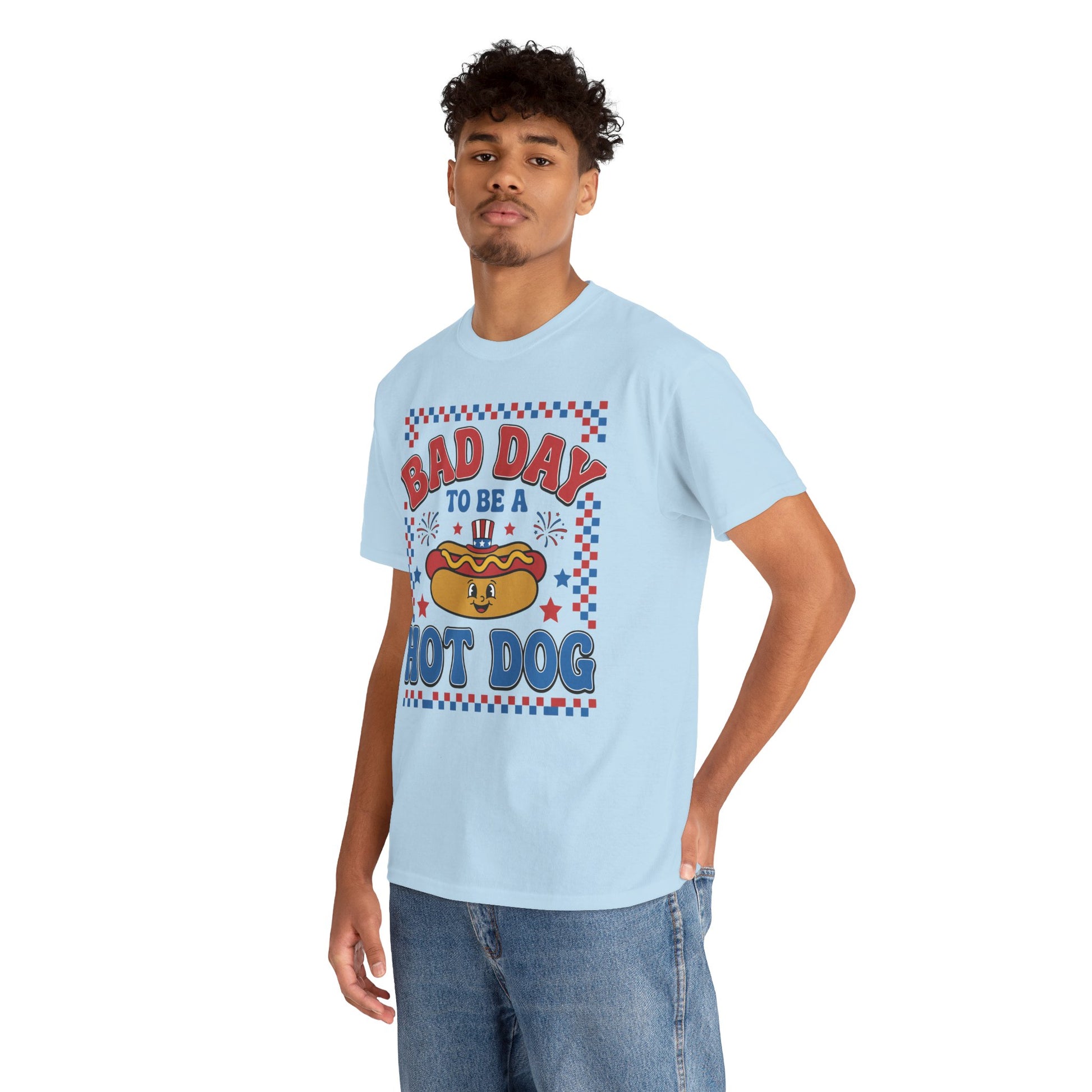 Bad Day To Be A Hot Dog Shirt for 4th of July BBQs, kids, grill dads, and funny food fans. Retro cookout humor from TEEZOCA all summer long today.
