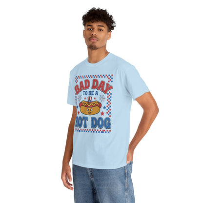 Bad Day To Be A Hot Dog Shirt for 4th of July BBQs, kids, grill dads, and funny food fans. Retro cookout humor from TEEZOCA all summer long today.
