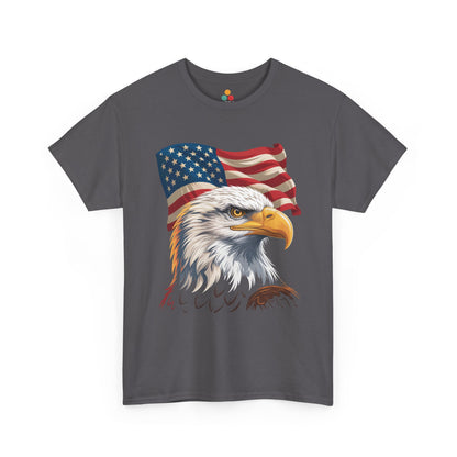 Bald Eagle American Flag Shirt artwork by TEEZOCA on a t-shirt with red, white, and blue patriotic detail.
