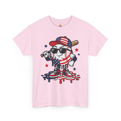 Baseball Graphic Tee Patriotic 4th of July Cool T-shirt Gift | TEEZOCA baseball graphic tee T-shirt with patriotic baseball character, sunglasses, American flag cap, bat, sneakers, and drip art.

