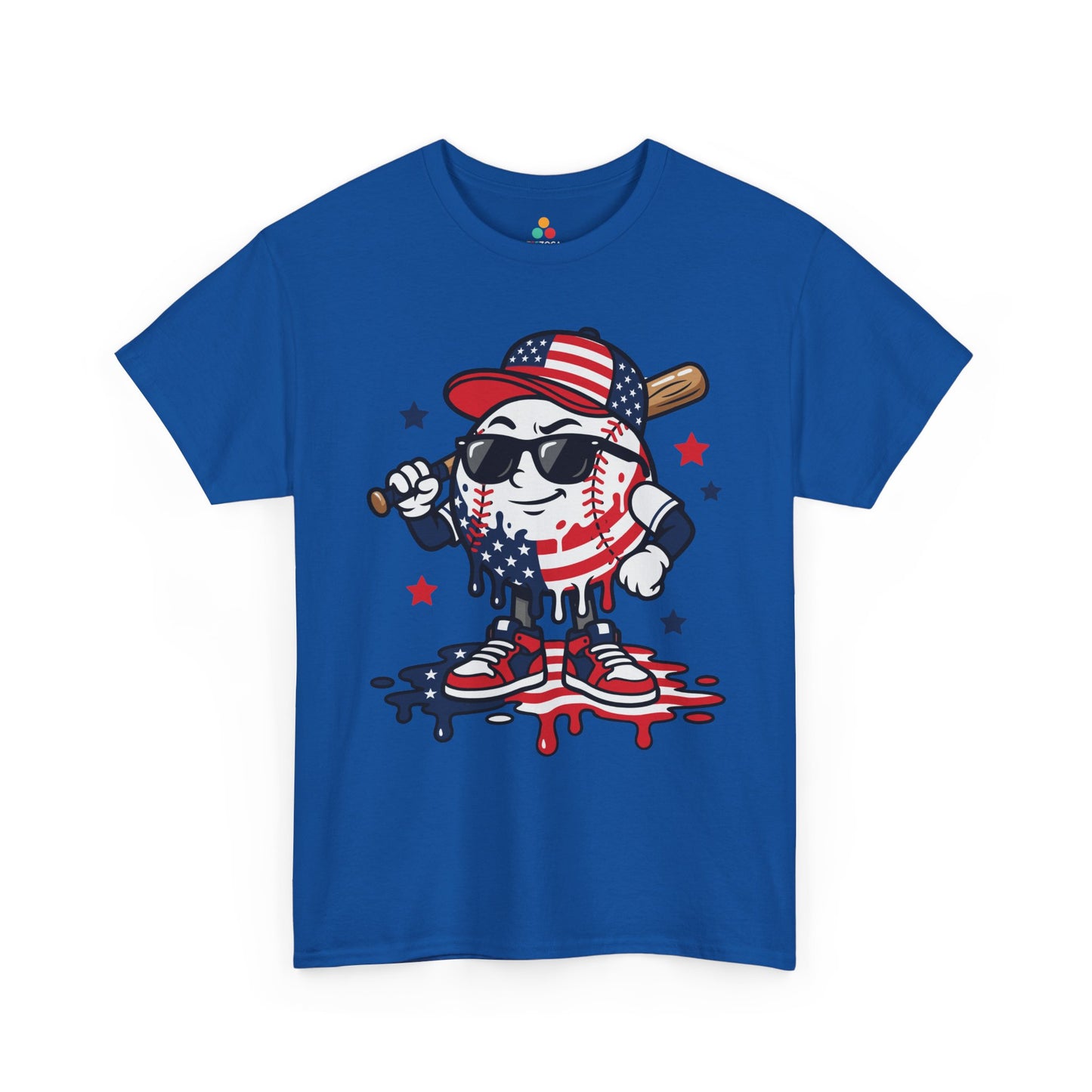 Baseball Graphic Tee Patriotic 4th of July Cool T-shirt Gift | TEEZOCA baseball graphic tee t-shirt featuring a cool cartoon baseball mascot with red white and blue streetwear style.
