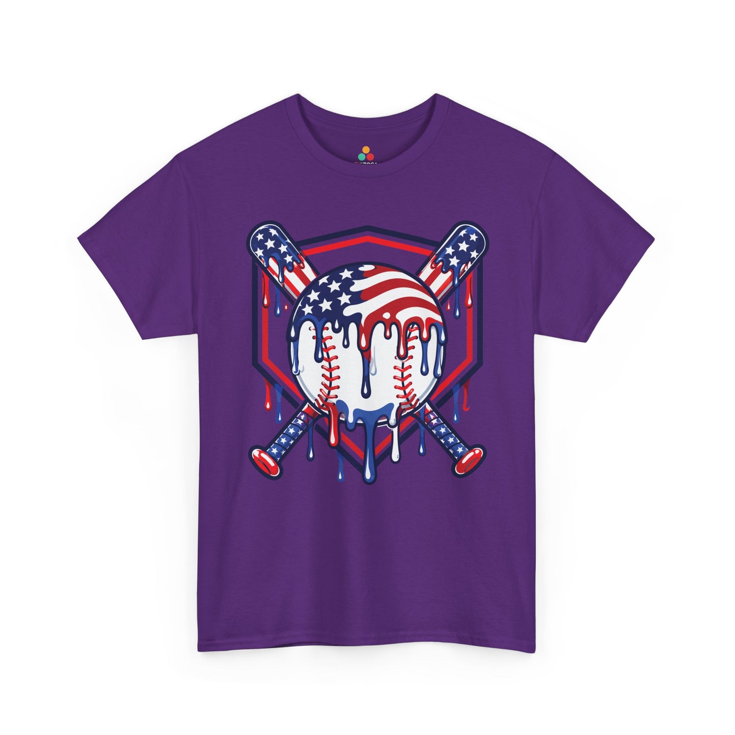 Baseball Shirt American Flag 4th of July Sports T-shirt Gift | TEEZOCA Baseball Shirt T-shirt featuring an American flag baseball with crossed bats and red, white, and blue paint drips.
