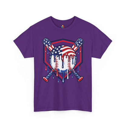 Baseball Shirt American Flag 4th of July Sports T-shirt Gift | TEEZOCA Baseball Shirt T-shirt featuring an American flag baseball with crossed bats and red, white, and blue paint drips.
