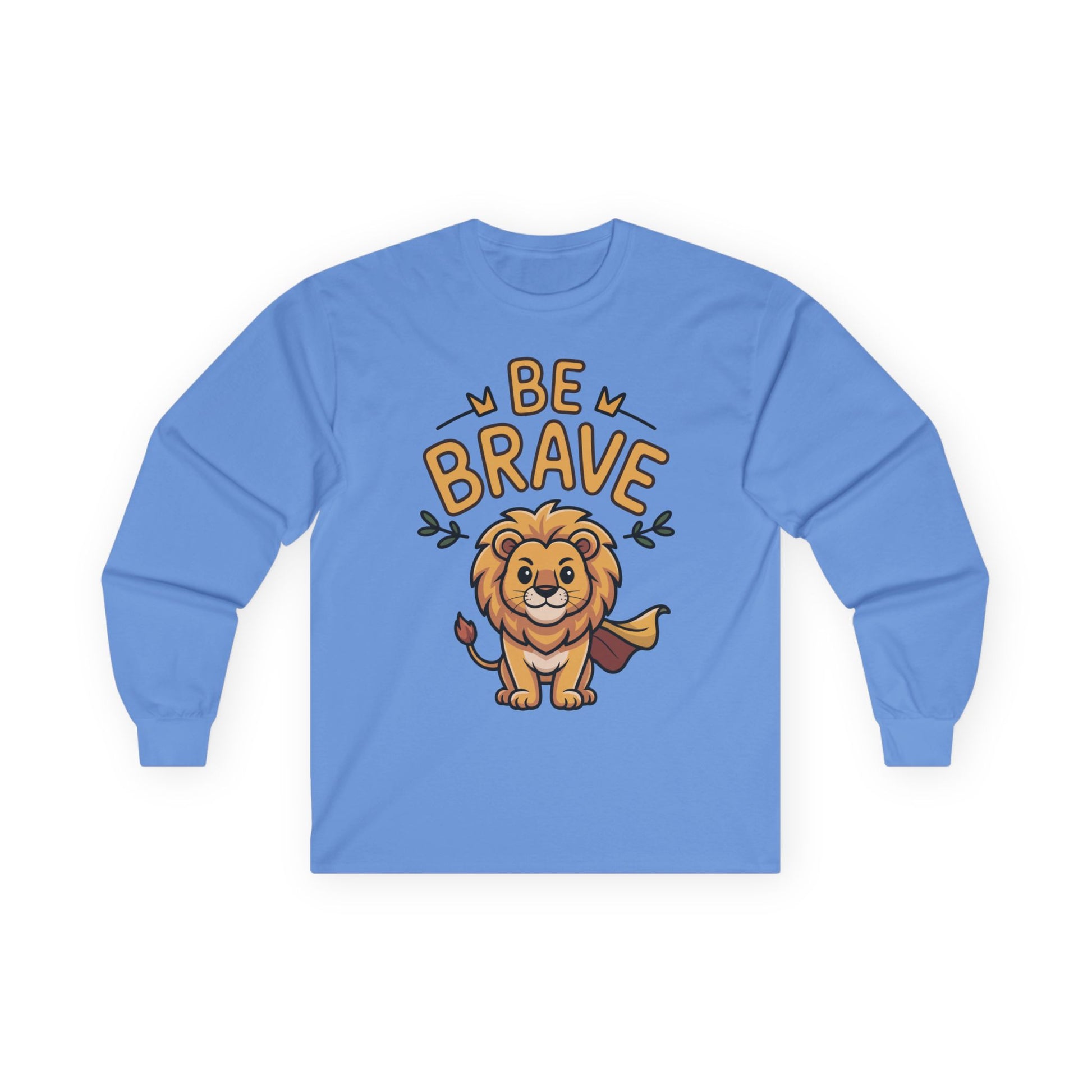  Be Brave long sleeve tee featuring cute cartoon lion with superhero cape and inspiring text. On Blue 
long-sleeve shirt