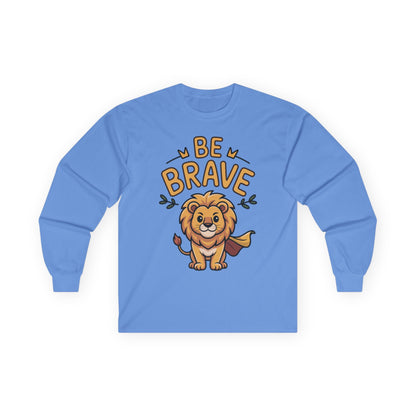  Be Brave long sleeve tee featuring cute cartoon lion with superhero cape and inspiring text. On Blue 
long-sleeve shirt