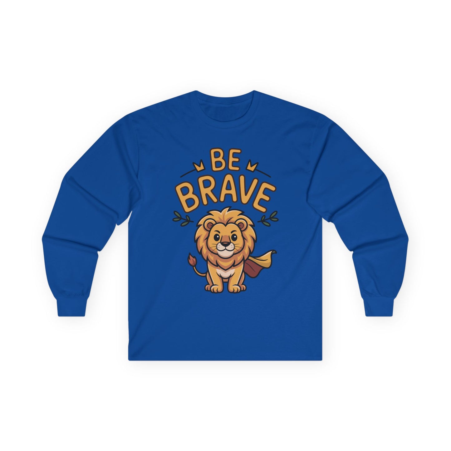  Be Brave long sleeve tee featuring cute cartoon lion with superhero cape and inspiring text. On Blue 
long-sleeve shirt